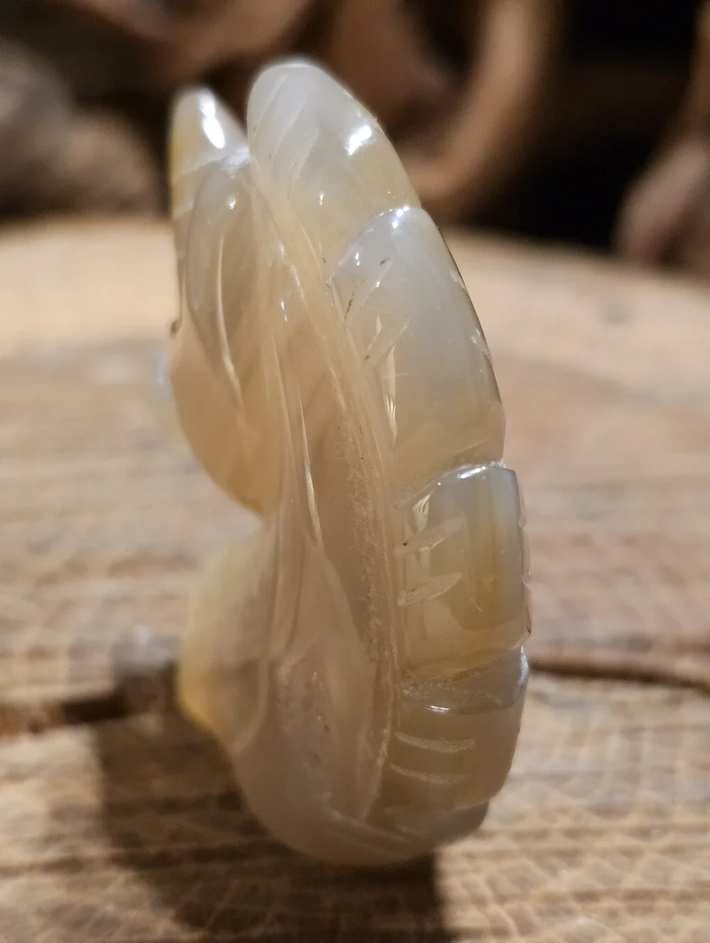 Carved Agate Unicorn Head Figurine in Semi-Translucent Beige With Druzy Crystal